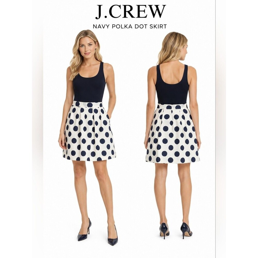 J.Crew Pleated A-Line Skirt Women White Navy Polka Dot Fully Lined Size 4